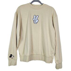 Disney Mickey Peace Sign Pullover Crewneck Sweatshirt Beige Tan M